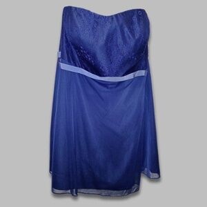 David’s Bridal Mini Dress Strapless Empire Waist Lace Satin Marine Blue W 26 NWT